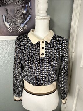Zara Navy, Cream & Brown Geometric Collared Knit Top